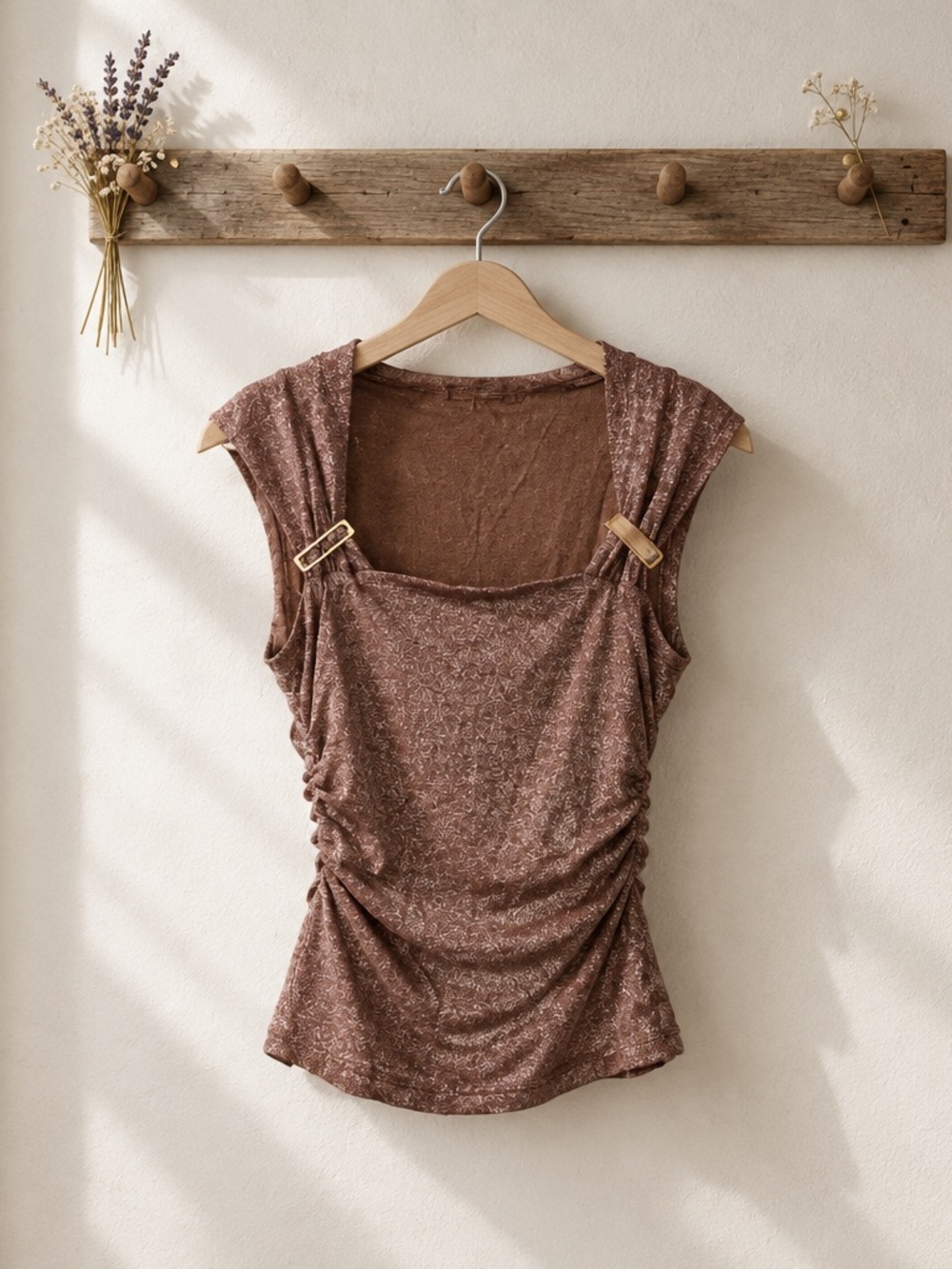 Ruched Brown Floral Square-Neck Tank Top with Buckle Straps